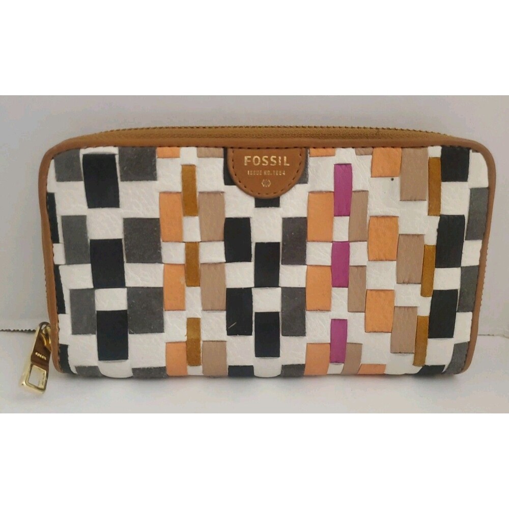 NWT Fossil Sydney Zip Phone Coral Multi Woven Leather Wallet SL6999934